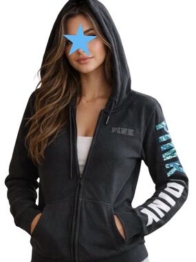 PINK Victoria's Secret Black Zip Hoodie with Sleeve Graphics